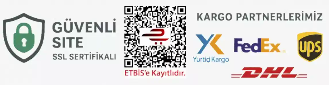 SSL sertifikalı güvenli site rozeti, ETBIS kayıtlı doğrulanmış QR kod ve güvenilir kargo partnerleri FedEx, DHL, UPS ile hızlı, güvenli ve sorunsuz teslimat garantisi.