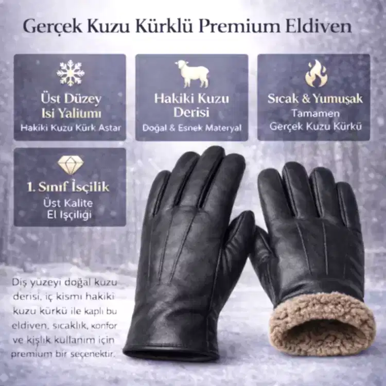 İçi kürklü hakiki kuzu derisi erkek eldiven, siyah renk, soğuk havalarda sıcak tutan kışlık deri eldiven