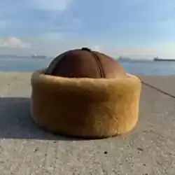 Kahverengi Erkek Deri Börk - Hakiki Kuzu Kürklü Kış Şapkası