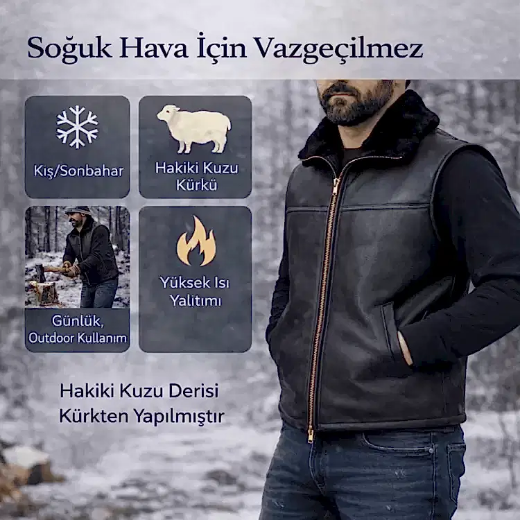 Hakiki kuzu derisi dış yüzeyli, içi gerçek kuzu kürklü fermuarlı erkek deri yelek ön görünüm