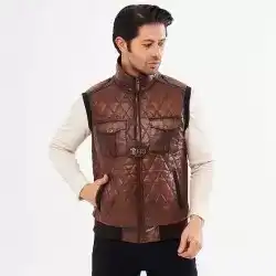 Taba Erkek Deri Yelek | Trikolu Baklava Desenli | Cep Detaylı | El İşçiliği