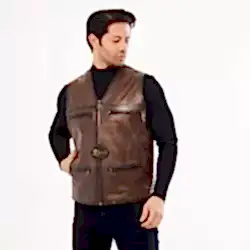 Fermuarlı Kahverengi Deri Yelek 