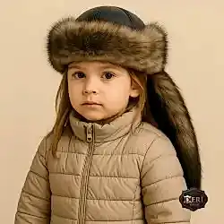 Etügen Model Kız Çocuk & Bebek Kuyruklu Deri Börk – Kışlık, Kurt Tüyü Desenli Şapka