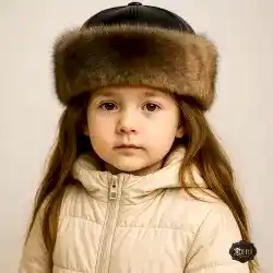 Aykız Kız Çocuk & Bebek Deri Şapka - Kurt Tüyü Desenli - Koyun Derisi Bebek Börk