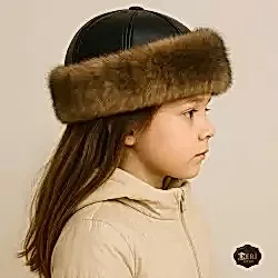 Aykız Kız Çocuk & Bebek Deri Şapka - Kurt Tüyü Desenli - Koyun Derisi Bebek Börk