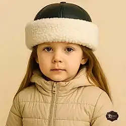 Akçura Kız Çocuk & Bebek Deri Börk Şapka – Beyaz Kürklü, El Yapımı, Kışlık