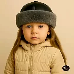 Bozçura Kız Deri Börk Şapka – Gri Kuzu Kürklü, Siyah Deri, El Yapımı Kışlık Başlık