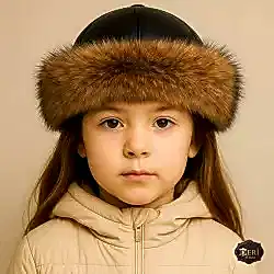Alçin Kız Deri Börk Şapka - Kurt Tüyü Deseni Verilmiş Yapay Kürk - Siyah Deri Tepe, Koyun Kürklü İç Astar  