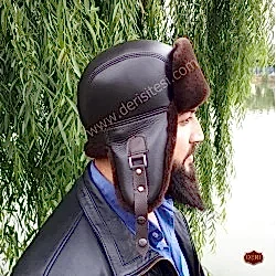 Kahve Rengi Tokalı Pilot Deri Şapka - Ushanka Deri Şapka - Ş053